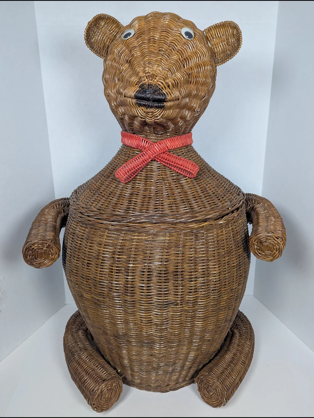 Vintage MCM Whimsical Wicker Bear Laundry Toy Hamper Storage